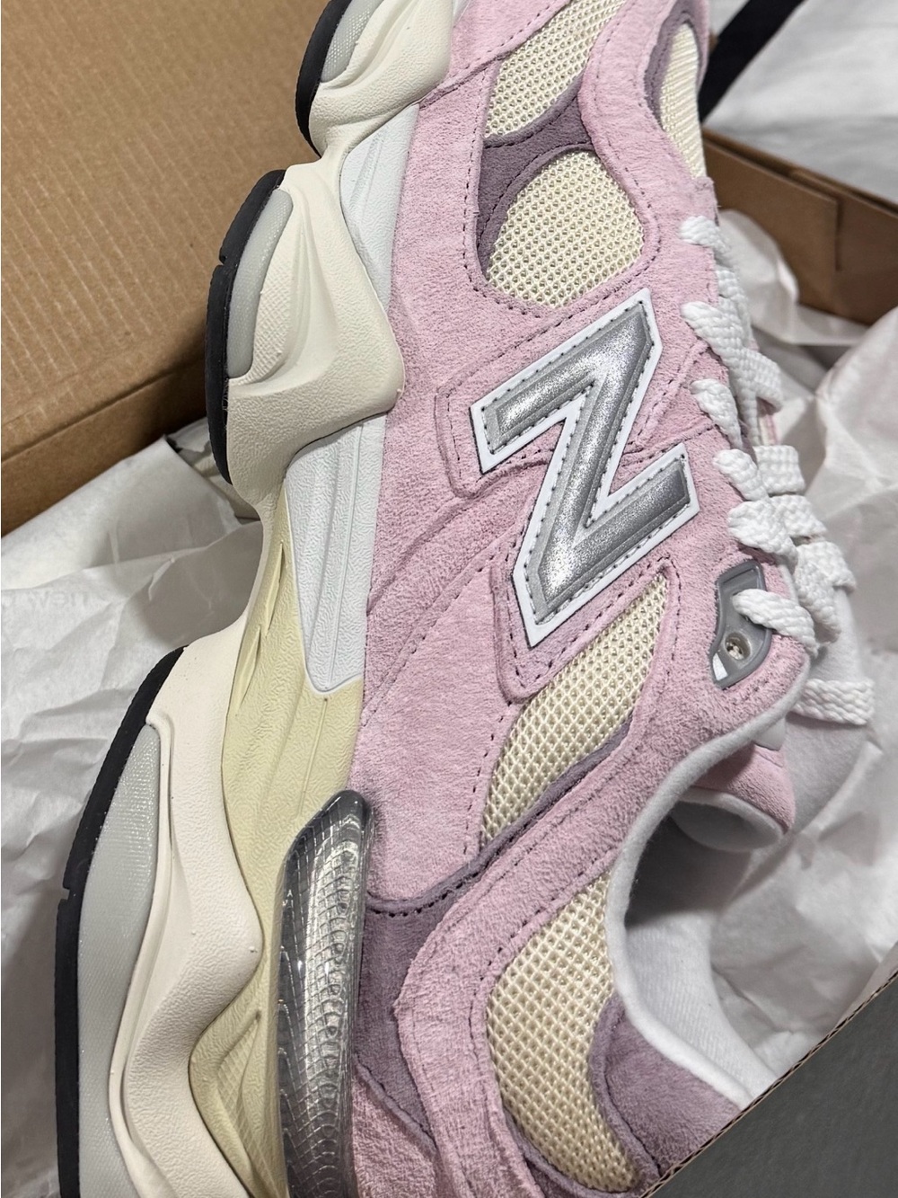 New Balance 9060 Pink and Cream Suede Mesh Sneakers
